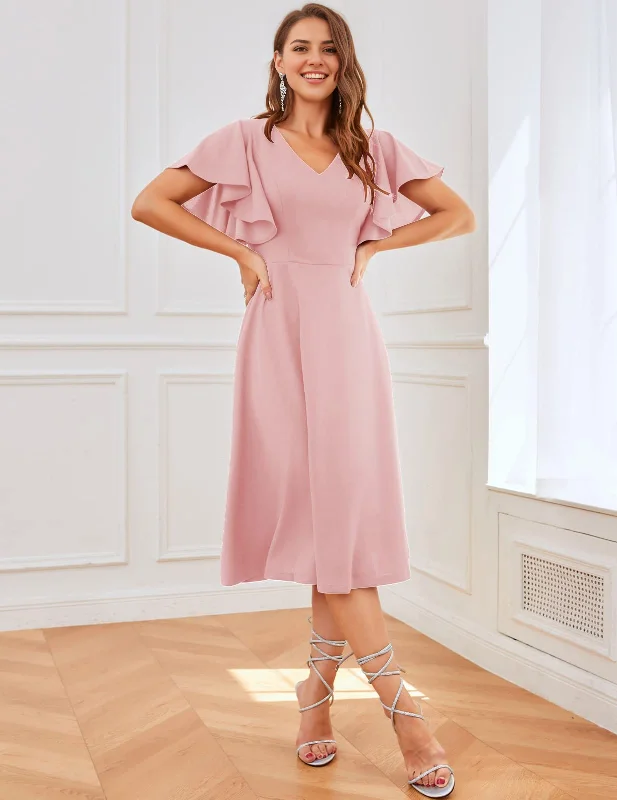 High-Fashion Women's Clothing Buy More, Save More Formal Wear Dresses Bridesmaid Dresses A Line V Neck Short Sleeve Elegant Simple Tea-Length Dresses Wedding Guests Dresses