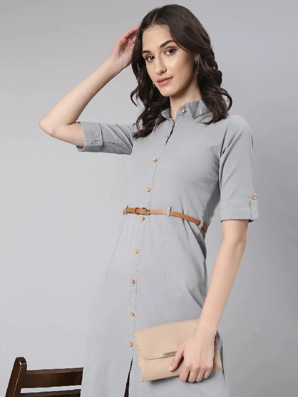 Women's Casual Outfit Buy More, Save More Women Grey Solid Shirt Dress-DF-4698-Lightgrey