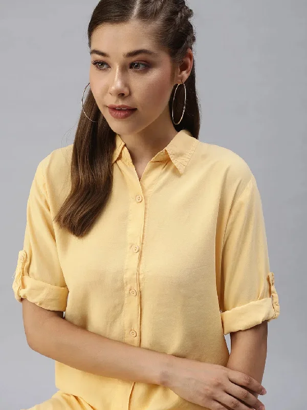 Women's Clothing With Trendy Designs Soft Textures Women's Mustard Solid Shirt Dress-AE-444584-Mustard