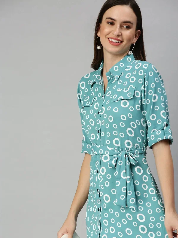 Tailored Clothing For Women Flowy Fabric Women's Green Printed Shirt Dress-AE-444943-Seagreen