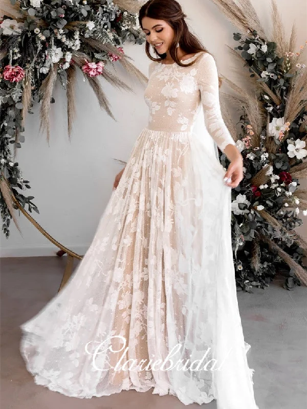 Women's Outerwear Clothing Luxe Layering Long Sleeves Lace Tulle Wedding Dresses, A-line Long Wedding Dresses, Bridal Gown