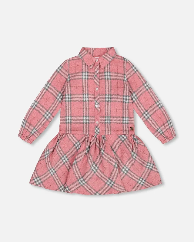 Charming Women's Holiday Apparel Vintage Elegance Flannel Shirt Dress With Frill Pink Plaid