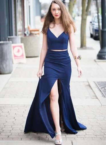 Women's Plus-Size Garments Now on Sale for Chic Urban Styles Navy Blue Satin Two Pieces Long Slit Prom Dress    cg13045