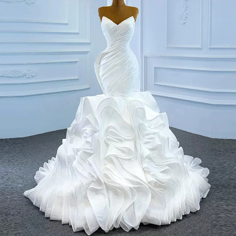 Women's Versatile Apparel Exquisite Craftsmanship Ruched Strapless Vneck Mermaid Wedding Dress with Ruffle Skirt