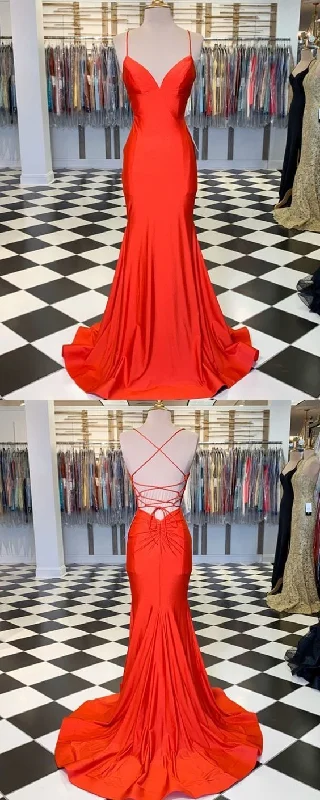 Women's Relaxed Clothes Soft Textures Simple Spaghetti Straps Orange Satin Mermaid Prom Dress    cg13217