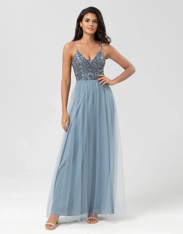 Women's Luxury Attire Contemporary Chic A Line Spaghetti Straps Dusty Blue Long with Beading Bridesmaid Dress