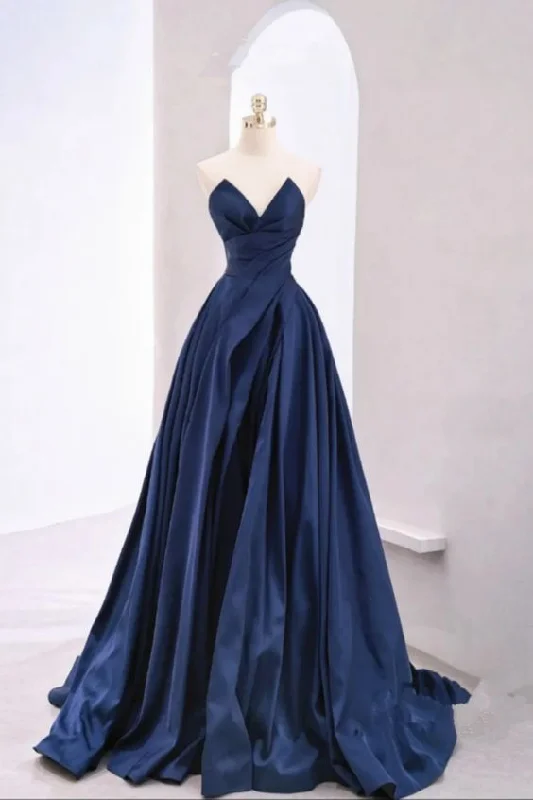 Women's Vacation Clothes Exquisite Craftsmanship Dark Blue Satin Strapless Prom Dress     cg25040