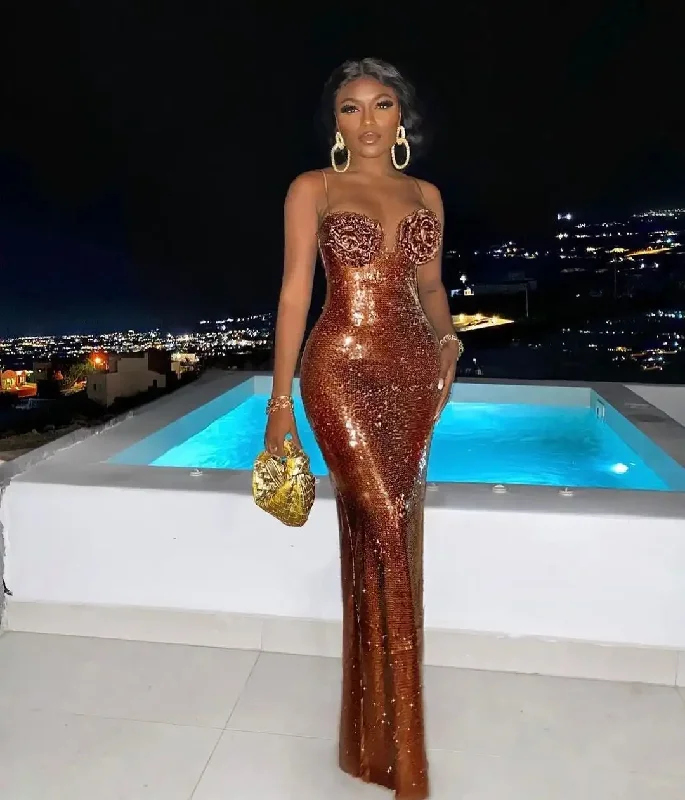 Women's Elegant Evening Outfit Alluring Design New Summer Style Brown Sequines Shinning Sexy Bodycon Long Dress Women Sexy Strap Elegant Evening Party Dress Prom Dress