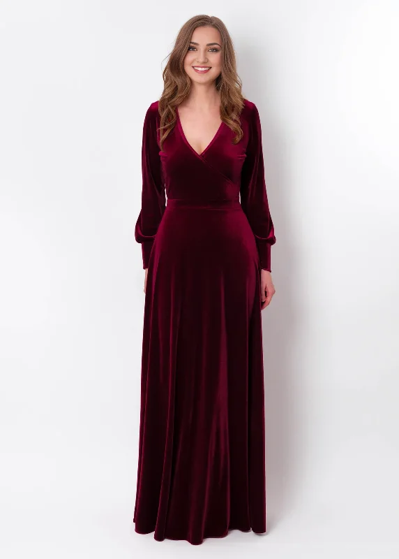 Women's Elegant Formal Outfit Discounts on Casual Weekend Styles Burgundy Winter Velvet Long Dress Long Sleeves Bridesmaid Dress Wedding Guest Dress