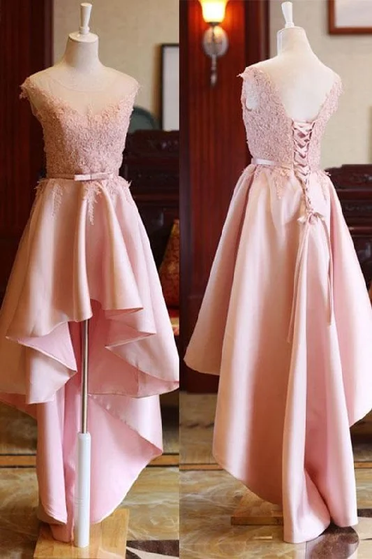 Women's Elegant Outfit Sophisticated Cut Pink High Low Scoop Lace Up Mid Back Satin Prom Dresses  cg1412