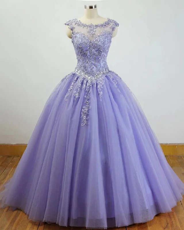 Stylish Outerwear Clothing For Women Flowing Silhouette Gorgeous Cap Sleeves Lavender Ball Gown Quinceanera Dresses lace Appliqued ,Beading Bling Bling Sweet 16 dress, Debutante Gown,prom dresses ball gown