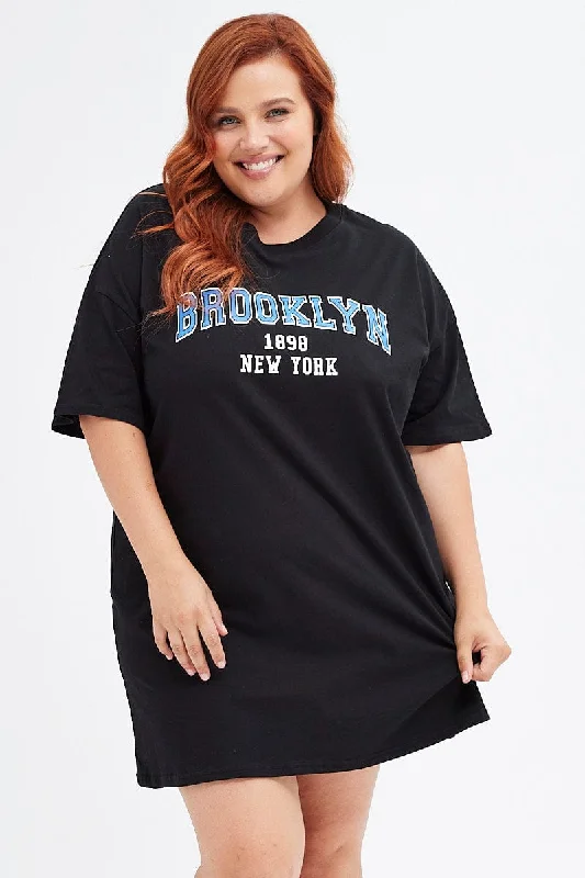 Women's Outerwear Apparel Polished Finish Black T-shirt Dress Short Sleeve Brooklyn Logo Cotton