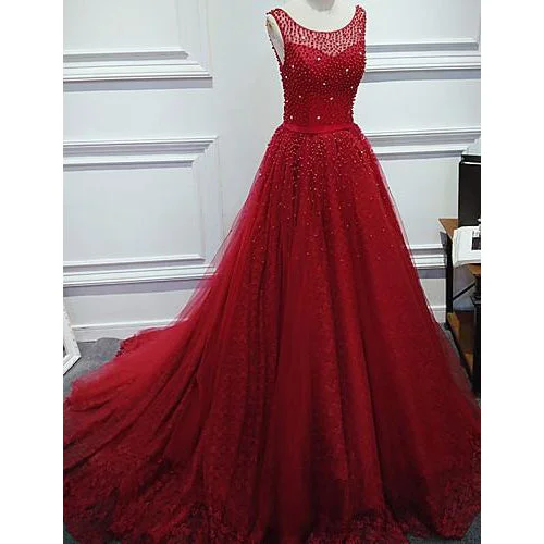 Women's Resort Apparel Feminine Elegant Red Scoop Neck Ball Gown Beaded Prom Dress Formal Gowns New