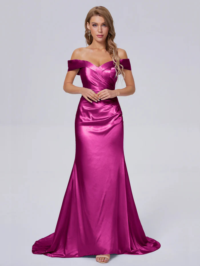 Comfortable Women's Clothing Sleek Design Off the Shoulder Hourglass Soft Satin Bridesmaid Dresses Sweep/Brush Train Dresses