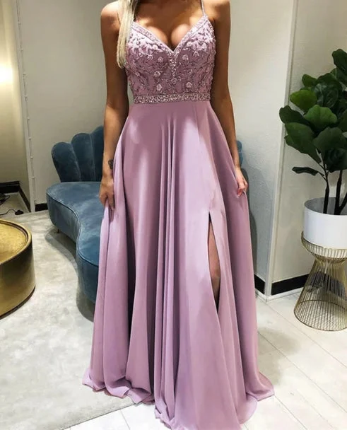 Women's Tailored Outfit Soft Textures Beaded V-Neck Split Bridesmaid Dresses Chiffon A-Line Prom Dresses