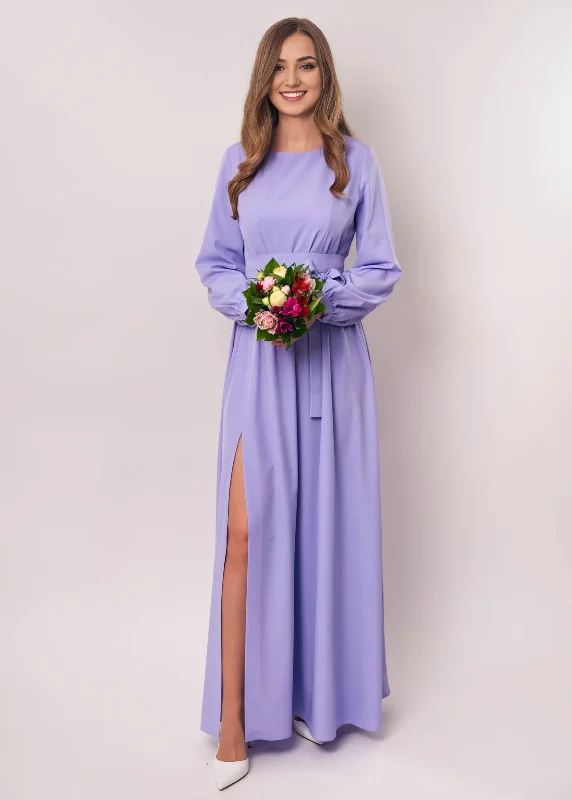 Women's Chic Outerwear Outfit End - of - Month Blowout Light Purple Long Slit Maxi Party Dress With Belt Bridesmaid Dress Cocktail Dress Wedding Guest Dress