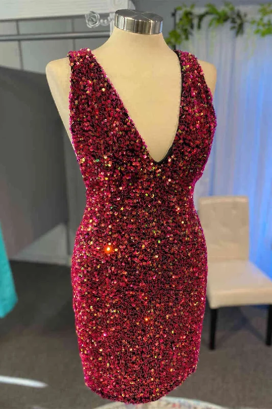 Women's Travel Outfit Set Minimalist Elegant Glitter Burgundy V-Neck Sequined Bodycon Homecoming Dress