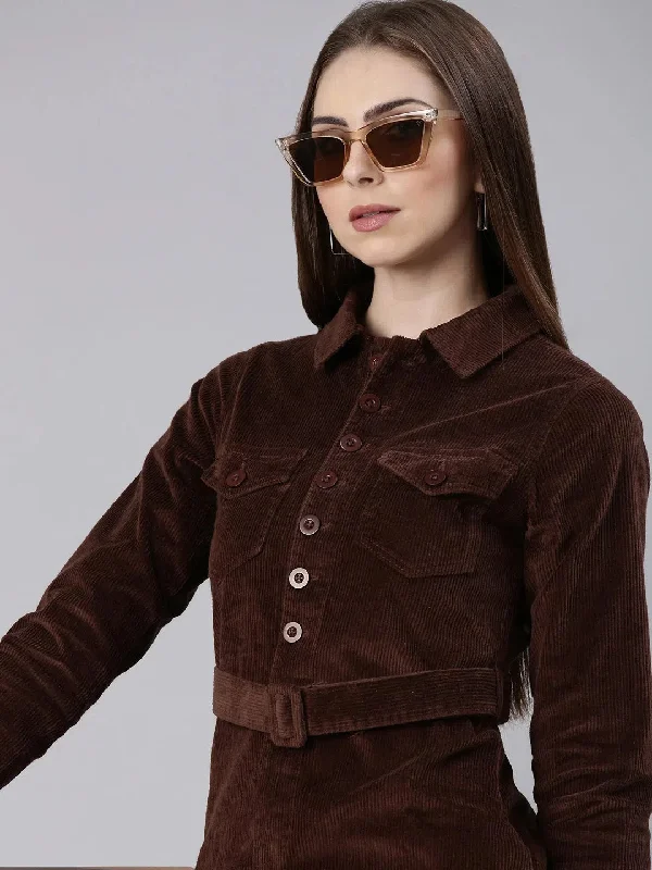 Women's Casual Wear Outfit Clearance Event Women Coffee Brown Solid Shirt Dress-IM-10642-Coffeebrown