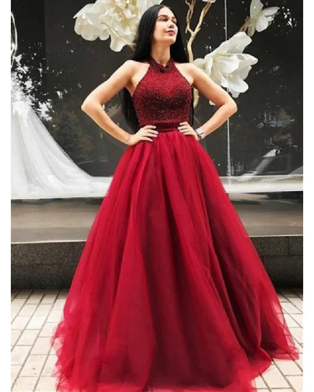 Charming Women's Clothes For Special Events Seasonal Trend Princess Halter Prom Dresses Ball Gown Tulle Beading Formal Gown WL102