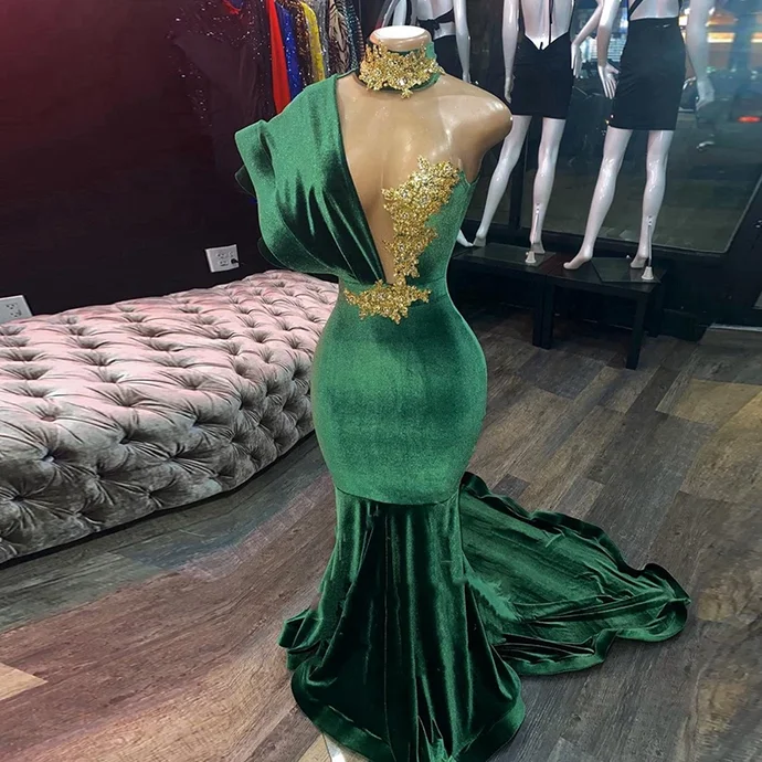 Women's Elegant Clothing Sets Soft Textures Emerald Green Evening Dresses High Neck Appliques Gold Lace Mermaid Prom Dresses Sexy Formal Velvet Party Gowns    cg19494