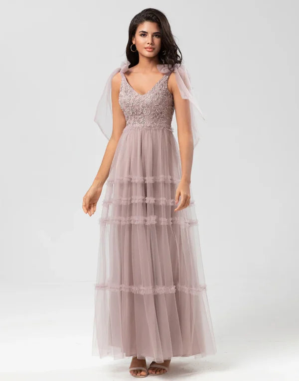 Women's Comfy Attire For Lounging Soft Textures A-Line V Neck Dusty Pink Long with Beading Bridesmaid Dress