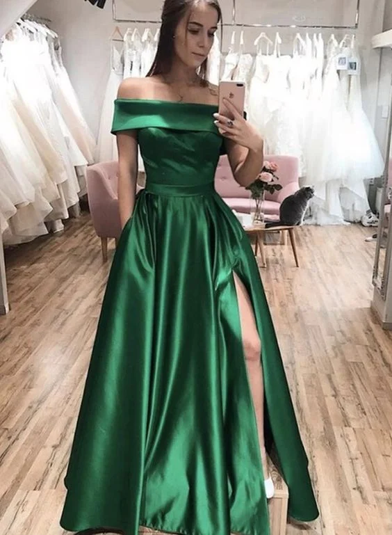 Women's Party Outfit Vibrant Prints Green off shoulder satin long split prom dress green evening dress   cg16686