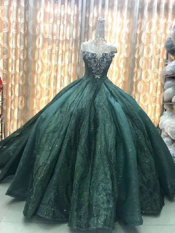 Women's Comfortable Clothes For Weekends Elegant Details 00395 Green princess sparkly sleeveless ball gown prom dress with glitter