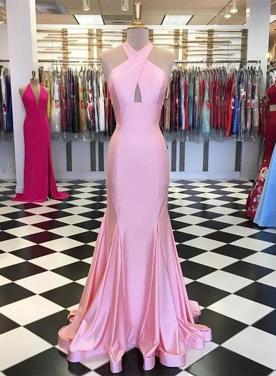 Casual Clothes For Women Modern Glamour Off Shoulder Pink Satin Mermaid Prom Dress cg5296