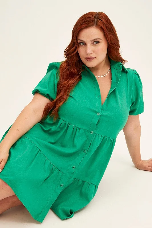 Women's Seasonal Apparel Elegant Details Green Shirt Dress Puff Sleeve Button