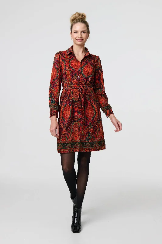 Women's Formal Event Clothing Effortless Style Mosaic Print Long Sleeve Short Shirt Dress