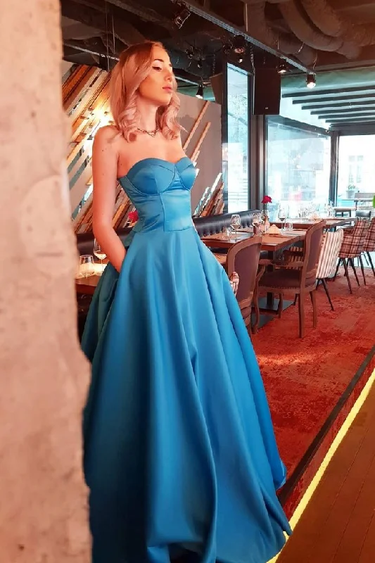 Stylish Outerwear Clothing For Women Effortless Style Simple sweetheart blue satin long prom dress satin evening dress    cg13812