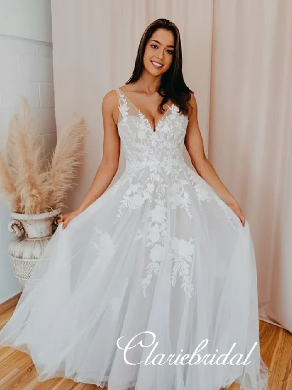 Women's Resort Garments Discounts on Casual Weekend Styles V-neck Long A-line Lace Tulle Wedding Dresses, Long Bridal Gown, Ivory Lace Wedding Dresses