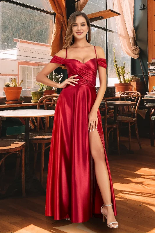 Women's Seasonal Wardrobe Clothing Last Chance Sale Prom Dress A Line Off Shoulder Satin Bridesmaid Dresses Spaghetti Strap Long Ruched Side Fork Wedding Guest Dresses Formal Wear Dresses