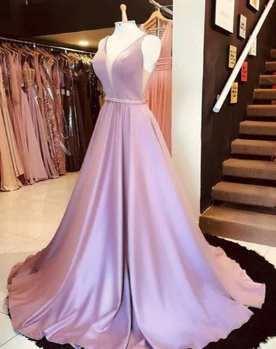 Women's Trendy Outfit Feminine Elegance Pink Satin V Neck Long Beaded Waistline Prom Dress, Party Dress cg1912