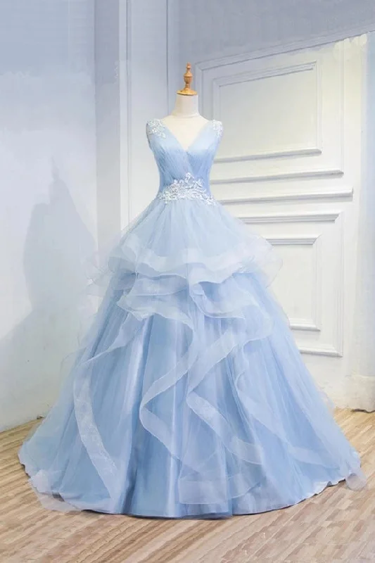 Chic Clothing For Women Score Big on Glamorous Red - Carpet Styles Puffy V-Neck Sleeveless Tulle Prom Dresses with Appliques Long Quinceanera Dresses N2518