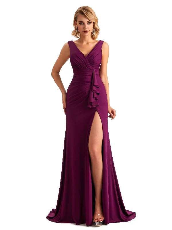 Women's Apparel And Garments Huge Savings on Parisian Styles Elegant Side Slit Mermaid Pleats V-neck Stretchy Jersey Long Formal Bridesmaid Dresses