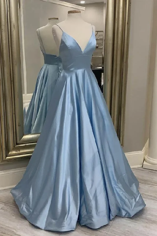 Women's Contemporary Apparel Seasonal Trend Blue v neck satin long prom dress evening dress   cg16140