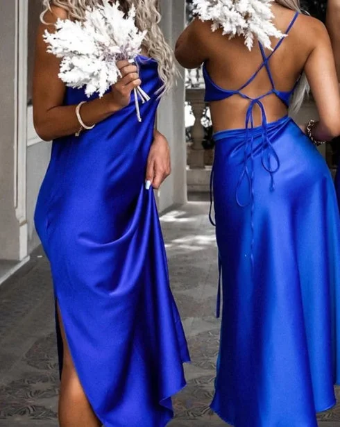 Casual Attire For Women Elevated Style Royal Blue Midi Spaghetti Strap Bridesmaid Dresses Open Back Satin Party Dresses