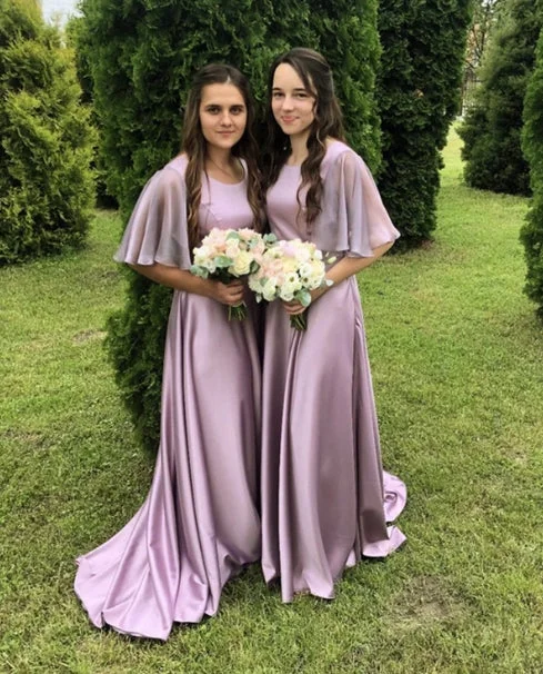 Women's Weekend Outfit Statement Piece Mauve Purple Bridesmaid Dresses Ruffles Sleeves With Sweep Train