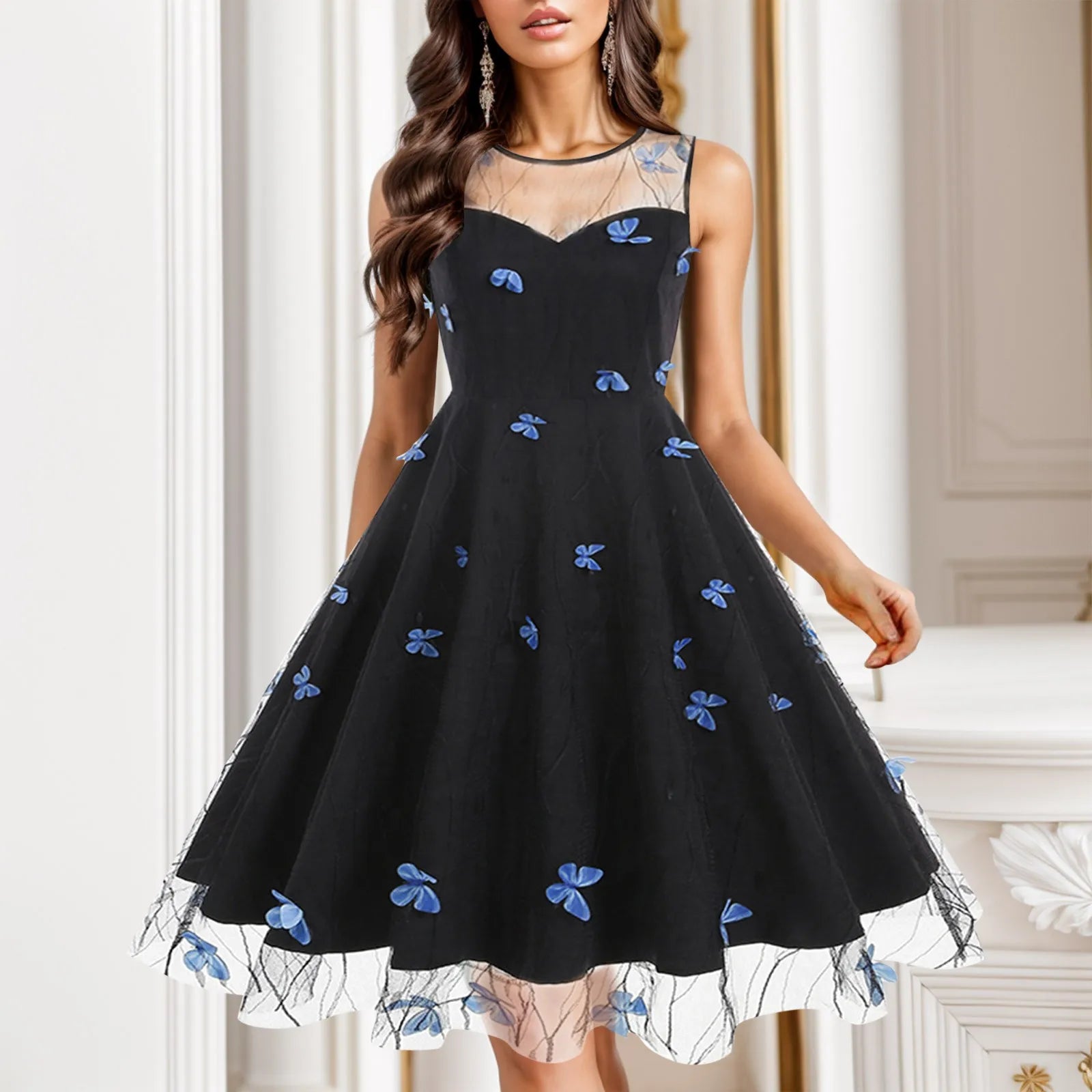 Women's Clothes For Work Statement Piece FashionSierra - Sleeveless Lace Butterfly Embroidered Vintage High Waist Birthday Party Elegant Dress