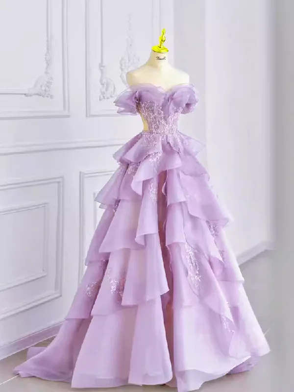 Women's Relaxed Clothes Refined Look Fairy Ball Gown Off The Shoulder Lace Lilac Long Prom Dress C1478