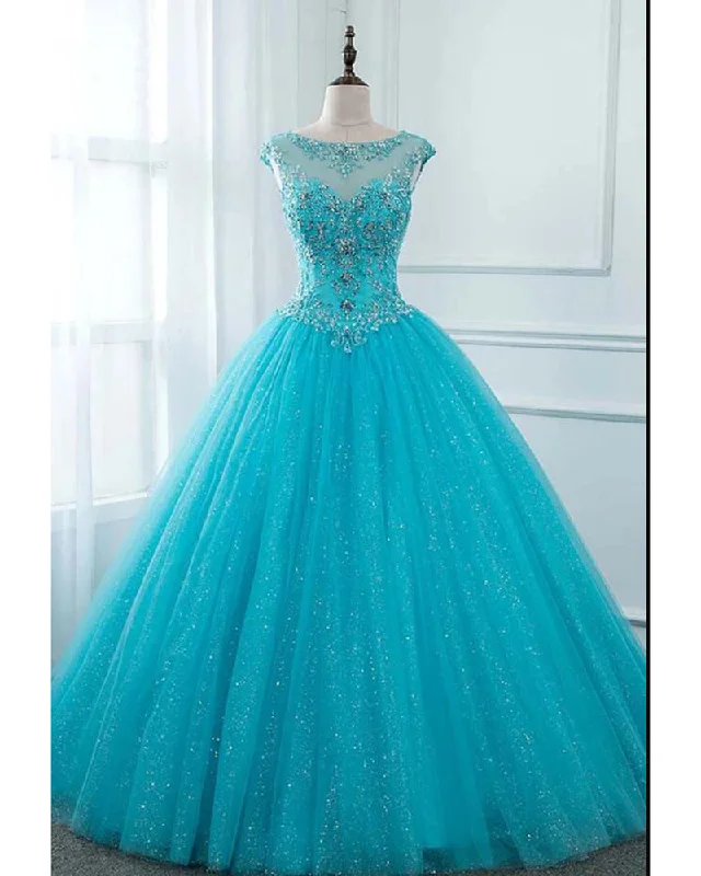 Stylish Clothes For Women Elegant Ensemble Siaoryne Glitter Sequin Crystal Turquoise Blue Cap Sleeves Ball Gown Prom Dress Sweet 15 Dress Quinceanera PL20111