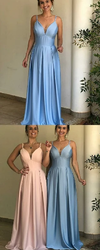 Women's Professional Garments Feminine Charm Simple Spaghetti Straps Blue Pleated Satin Prom Dress    cg13295