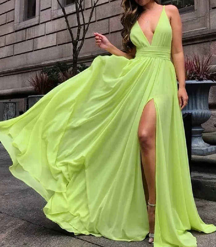 Women's Sporty Chic Clothes Bold Silhouette Women Chiffon Slit Prom Dresses Long V-Neck Evening Gowns Formal Party Dress YPD456