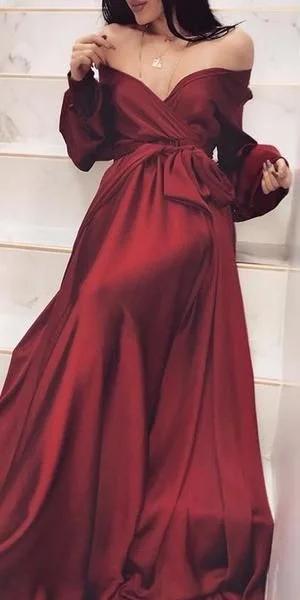 Women's Clothing For Outdoor Activities Contemporary Chic Off Shoulder Long Sleeve A-Line Silk Elastic Satin Burgundy Prom Dresses   cg16825