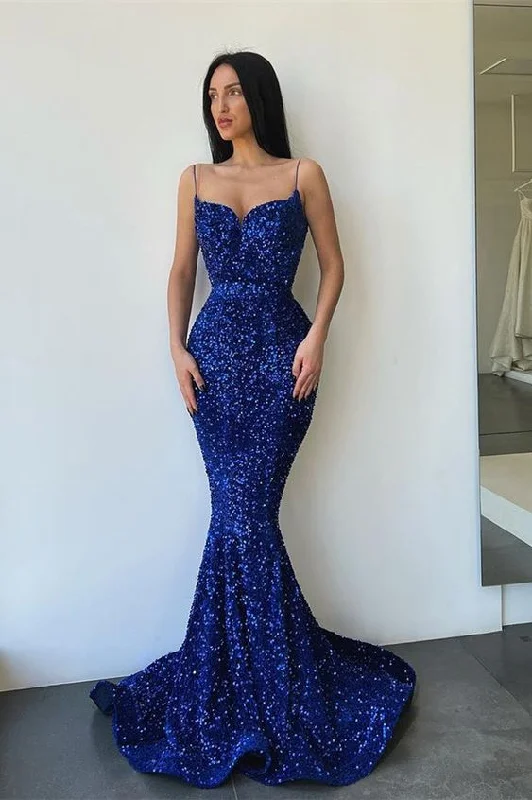 Women's Resort Apparel Early Access to Art Deco Styles Sale Sparkly Sleeveless Royal Blue Sequined Mermaid Prom Dresses Y1338