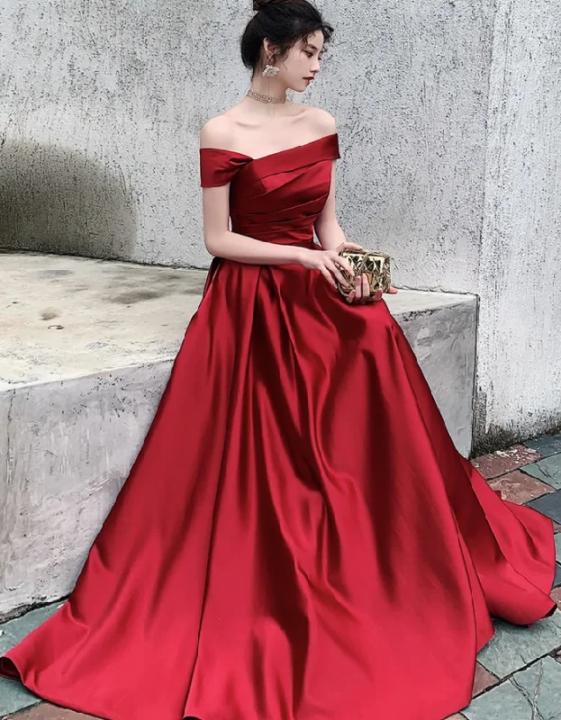 Women's Clothing With Trendy Designs Dreamy Aesthetic Red Satin Off Shoulder Fashionable Long Prom Dress, New Style Party Dress   cg13784