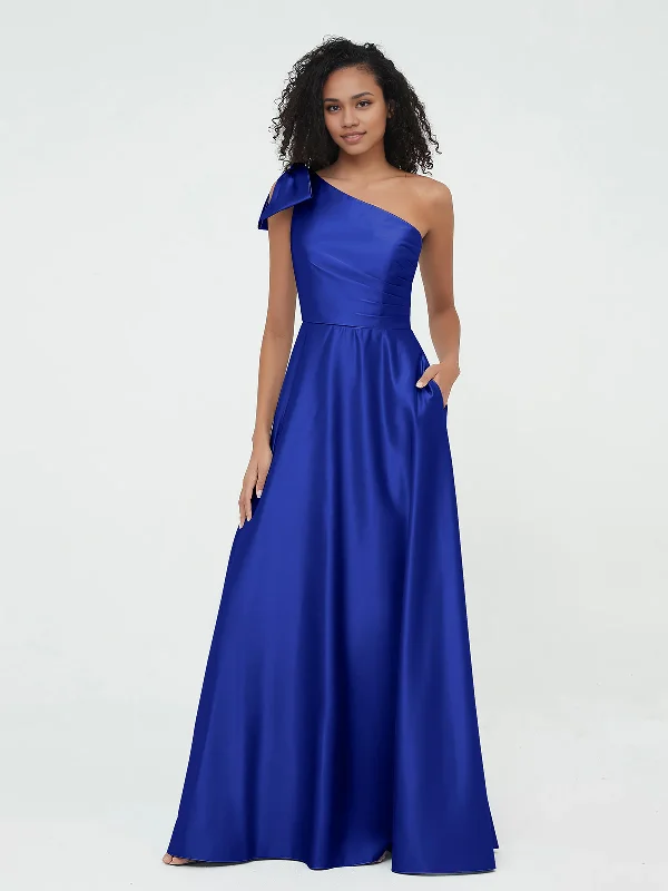 Women's Trendy Clothing Dreamy Aesthetic One-Shoulder A-Line Long Satin Dresses Bridesmaid Dress with Pockets-Royal Blue