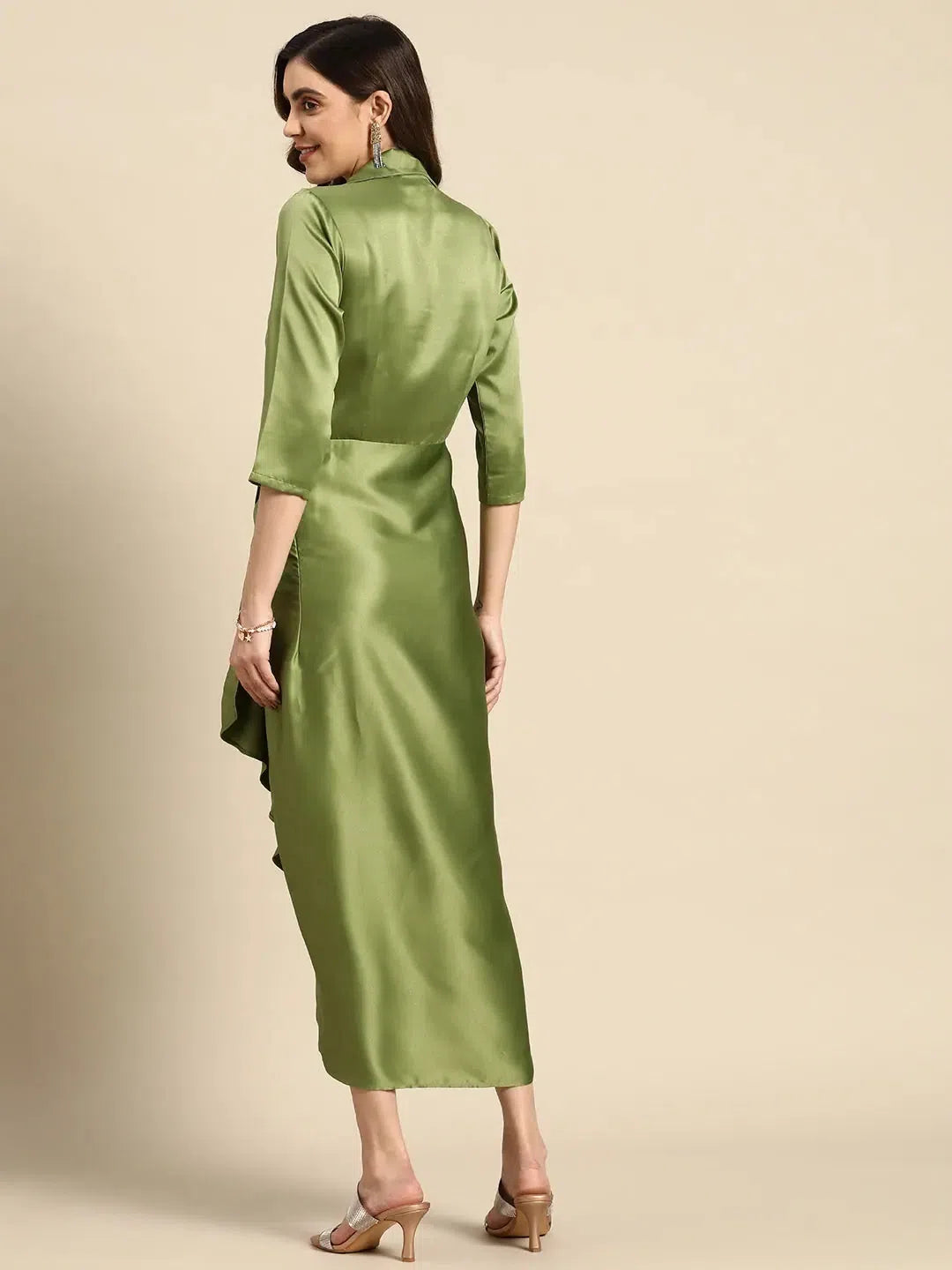 Women's High-Fashion Outfit Classic Appeal Shirt Dress with front Drape in Green