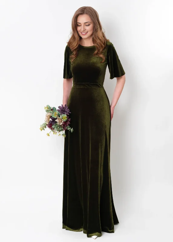 Women's Casual Attire Feminine Elegant Olive Green Velvet Winter Long Bridesmaid Velvet Wedding Guest Dress Slit Dress